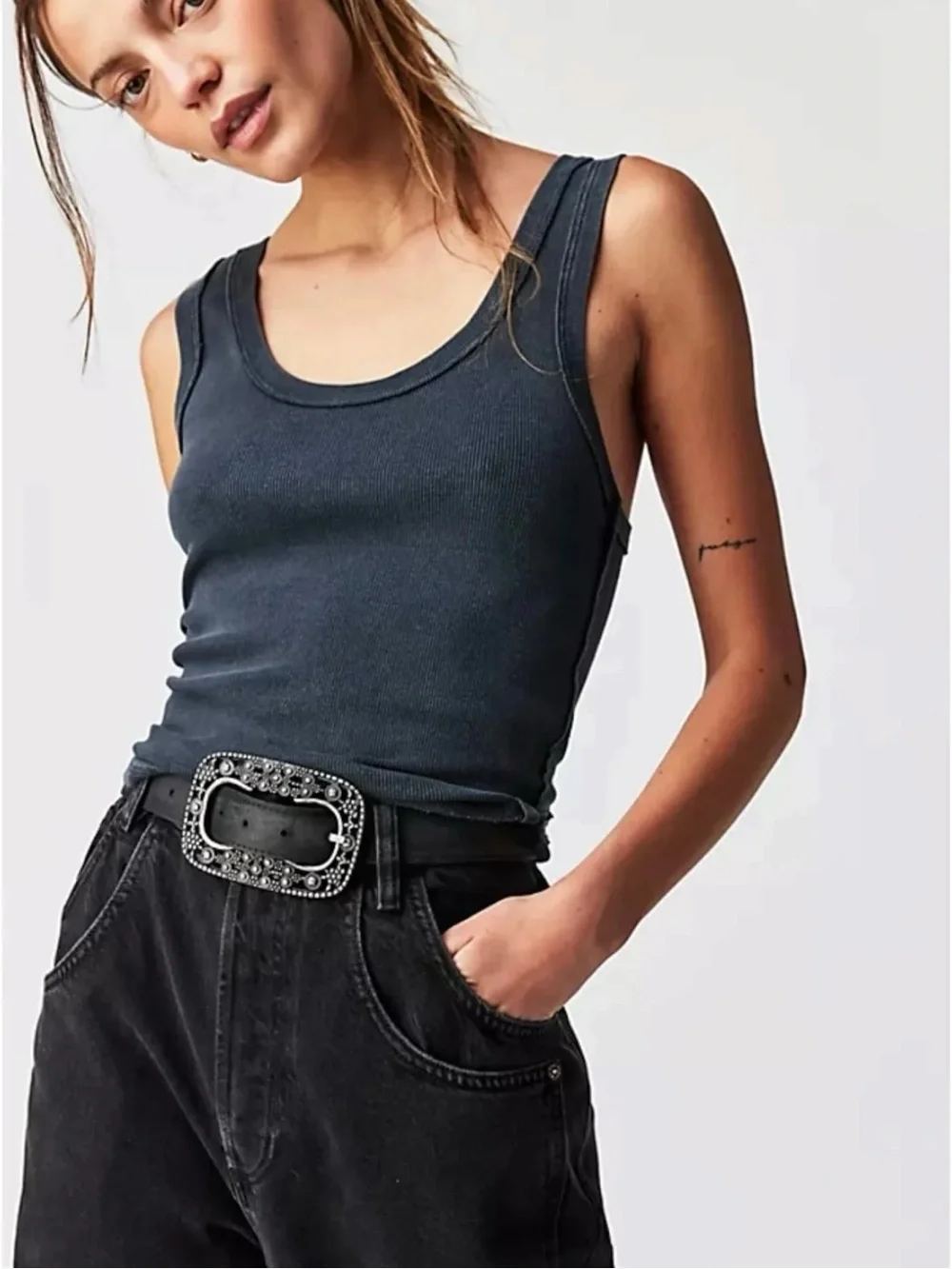 Free People Bohemian Witchy Suede Leather Soledad Jeans Belt Black NWT XS Small